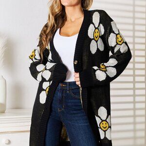 Perfee Floral Button Down Longline Cardigan